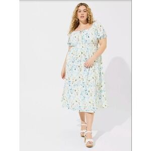 Torrid Tea Length Swiss Dot Tie Floral Dress Size 1X Milkmaid Fairy Cottagecore